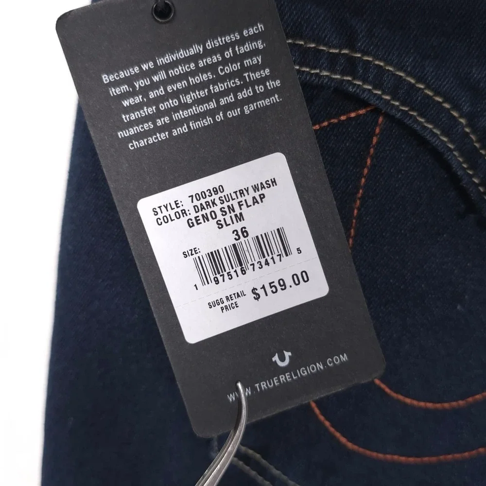 TRUE RELIGION New Men's Jeans 36x32 GENO SN Relaxed Flap Slim Dark Sultry 700390